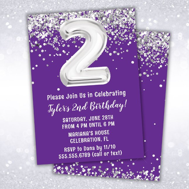 Purple Silver 2nd Birthday Party Invitation (Creator Uploaded)
