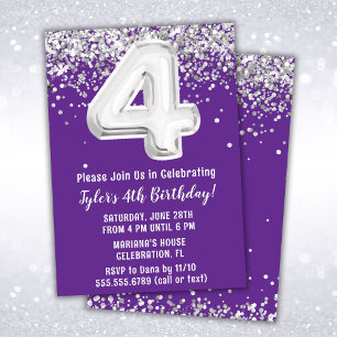 Purple Silver 4th Birthday Party Invitation