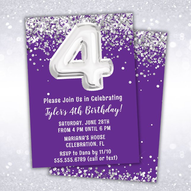 Purple Silver 4th Birthday Party Invitation (Creator Uploaded)