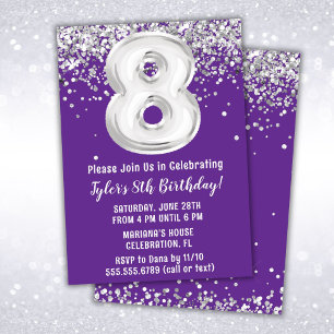 Purple Silver 8th Birthday Party Invitation