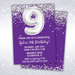 Purple Silver 9th Birthday Party Invitation