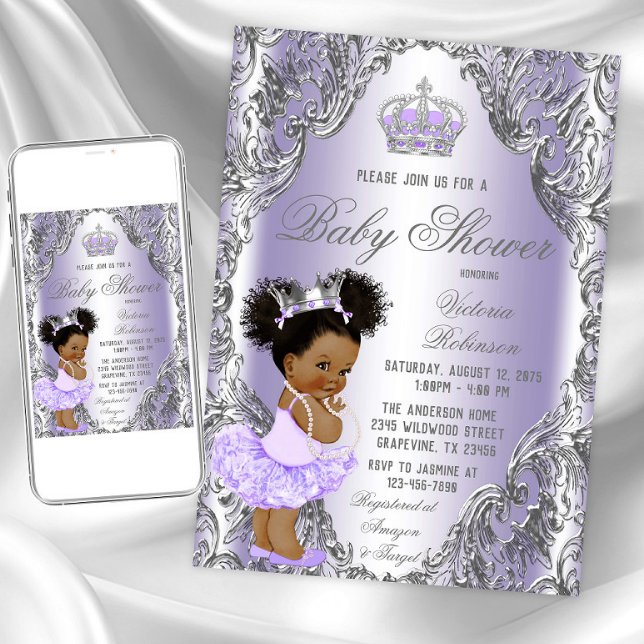 Purple Silver Afro Hair Princess Baby Shower  Invitation