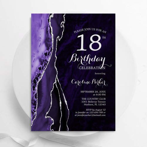 Purple Silver Agate 18th Birthday Invitation