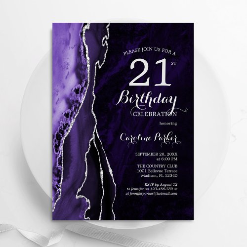 Purple Silver Agate 21st  Birthday Invitation