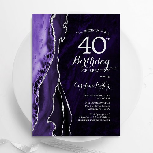 Purple Silver Agate 40th Birthday Invitation