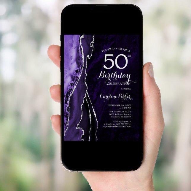 Purple Silver Agate 50th Birthday Invitation (Front Digital)