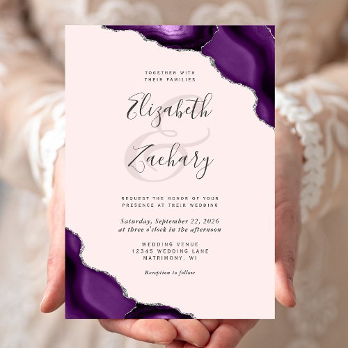 Purple Silver Agate Corners Blush Pink Wedding Invitation