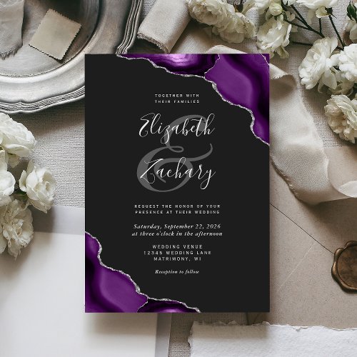 Purple Silver Agate Corners Dark Wedding Invite