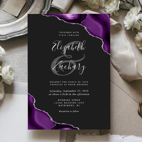 Purple Silver Agate Corners Dark Wedding Invite