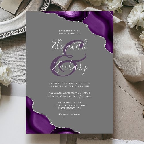 Purple Silver Agate Corners Gray Wedding Invitation