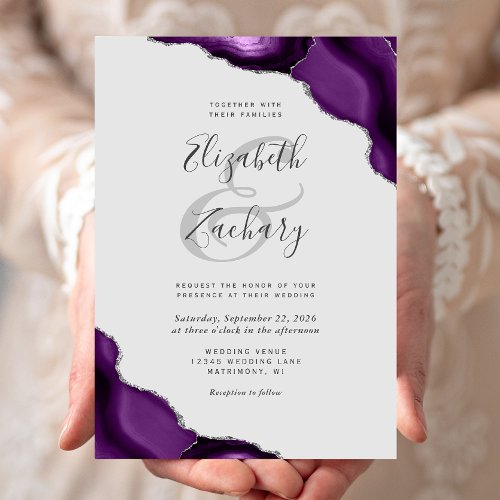 Purple Silver Agate Corners Pale Gray Wedding Invitation