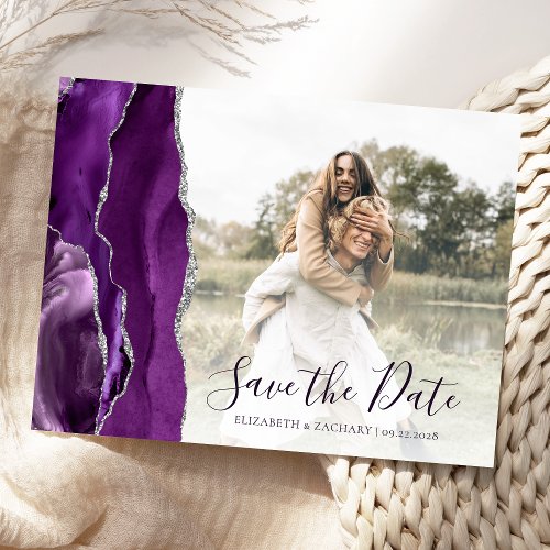 Purple Silver Agate Custom Photo Save the Date Postcard