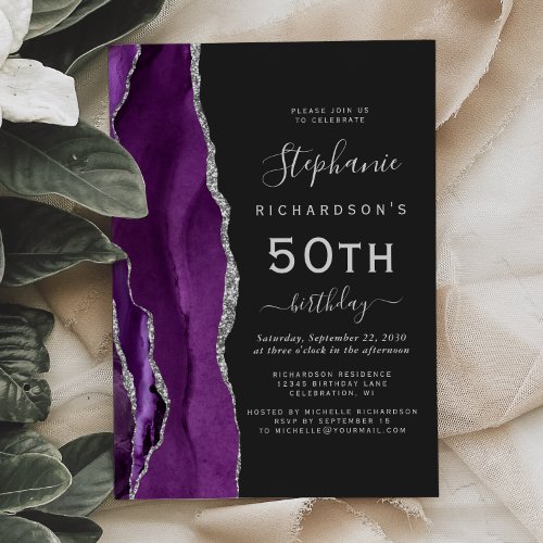 Purple Silver Agate Dark 50th Birthday Party Invitation