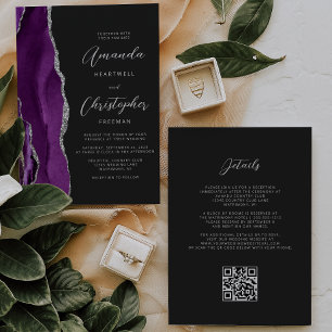 Purple Silver Agate Dark QR Code Wedding Invitation