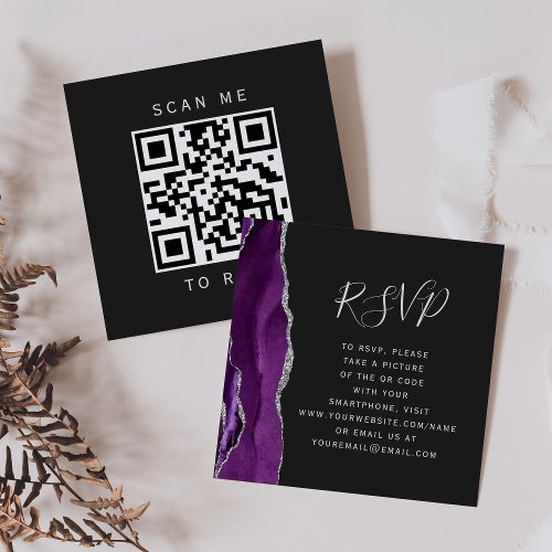Purple Silver Agate Dark Wedding QR Code RSVP Enclosure Card