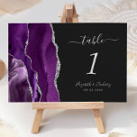Purple Silver Agate Dark Wedding Table Number<br><div class="desc">The left-hand edge of this elegant modern wedding table number card features a purple watercolor agate border trimmed with faux silver glitter. The customizable text combines silver gray handwriting,  italic and copperplate fonts on an off-black background.</div>