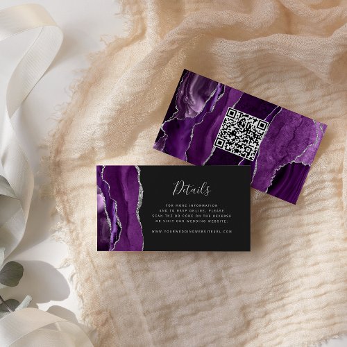 Purple Silver Agate Dark Wedding Website QR Code Enclosure Card