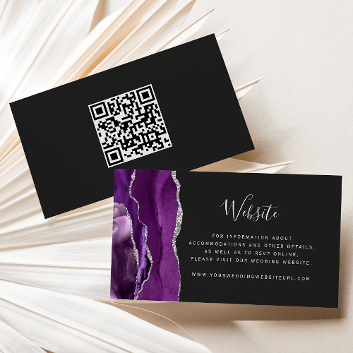 Purple Silver Agate Dark Wedding Website QR Code Enclosure Card