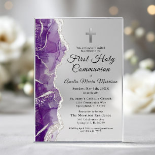 Purple Silver Agate First Holy Communion Girl Acrylic Invitations