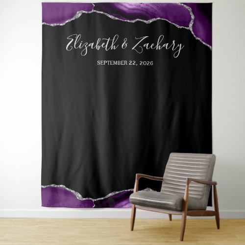 Purple Silver Agate Frame Dark Wedding Photo Booth Tapestry