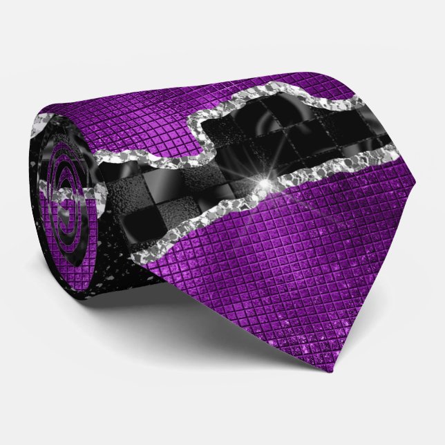 Purple silver agate glitter marble look elegant neck tie (Rolled)