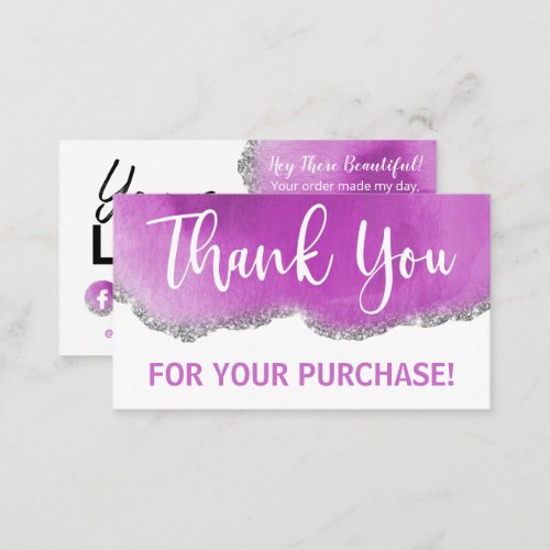 Purple Silver Agate Glitter White Thank You Business Card
