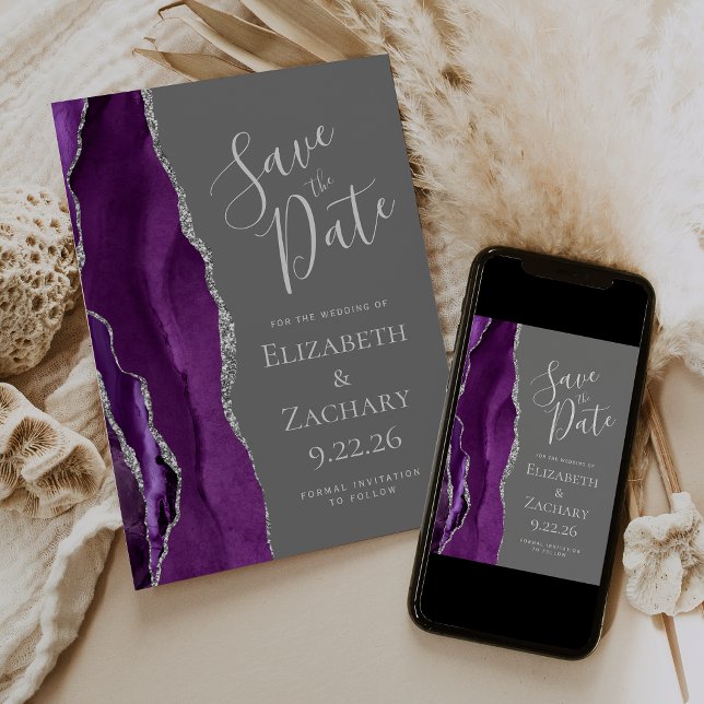 Purple Silver Agate Gray Save the Date Card (Creator Uploaded)