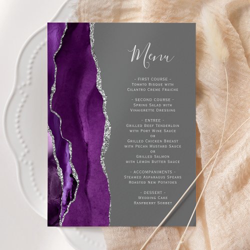 Purple Silver Agate Gray Wedding Menu