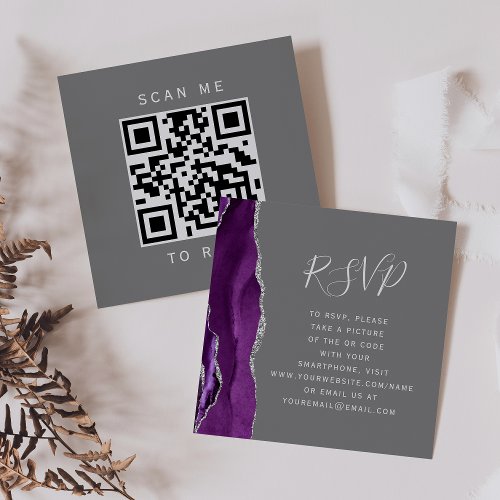 Purple Silver Agate Gray Wedding QR Code RSVP Enclosure Card