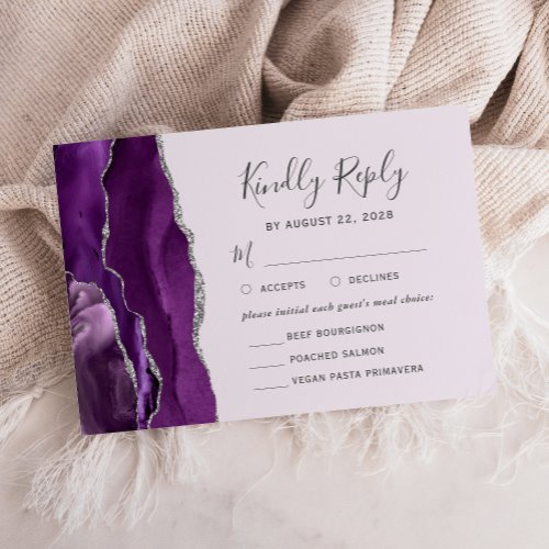 Purple Silver Agate Lavender Meal Options Wedding RSVP Card