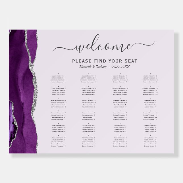 Purple Silver Agate Lavender Wedding Seating Chart Foam Board (Front)