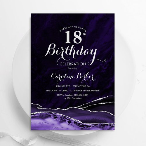 Purple Silver Agate Marble 18th Birthday Invitation