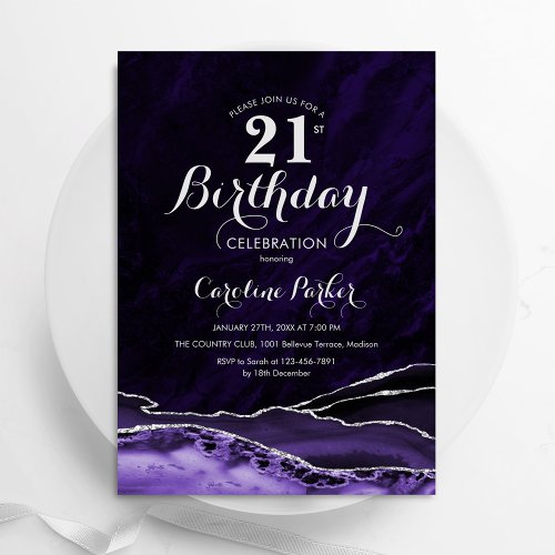 Purple Silver Agate Marble 21st Birthday Invitation