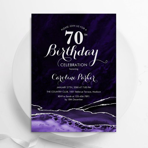 Purple Silver Agate Marble 70th Birthday Invitation