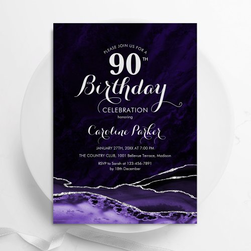 Purple Silver Agate Marble 90th Birthday Invitation