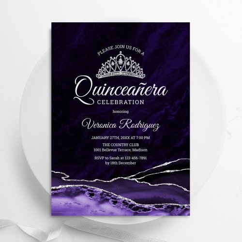 Purple Silver Agate Marble Quinceanera Invitation