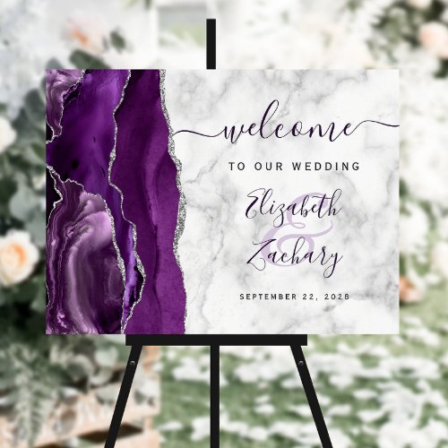 Purple Silver Agate Marble Wedding Welcome Foam Board