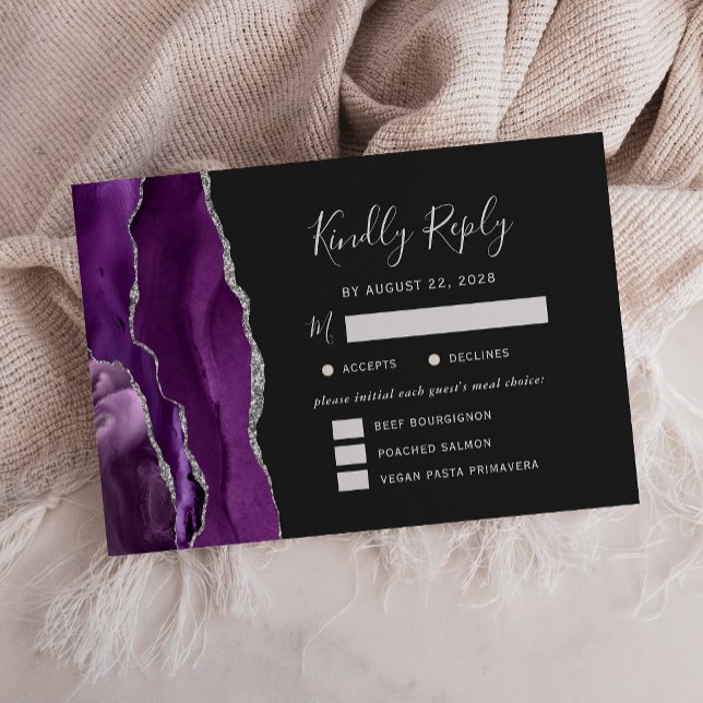 Purple Silver Agate Meal Options Dark Wedding RSVP (Creator Uploaded)