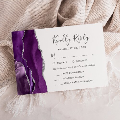 Purple Silver Agate Meal Options Wedding RSVP Card