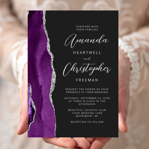 Purple Silver Agate Modern Script Wedding Invitation