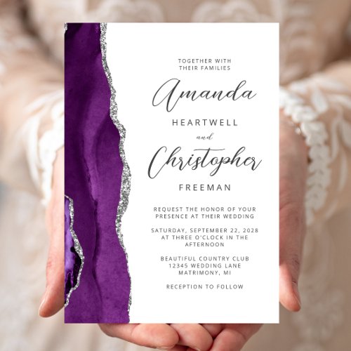 Purple Silver Agate Modern Script Wedding Invitation
