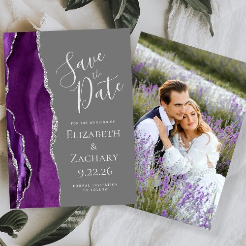 Purple Silver Agate Photo Gray Save the Date Card