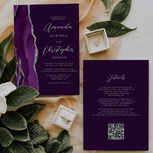 Purple Silver Agate Plum QR Code Wedding Invitation