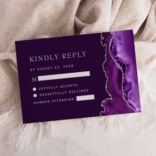 Purple Silver Agate Plum Wedding RSVP Card
