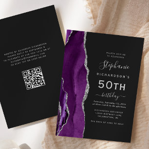 Purple Silver Agate QR Code 50th Birthday Invitation