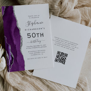 Purple Silver Agate QR Code 50th Birthday Invitation