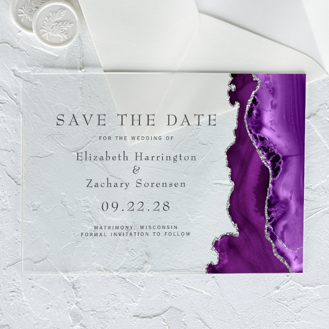 Purple Silver Agate Save the Date Acrylic Invitations (Creator Uploaded)