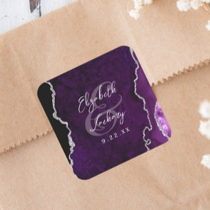 Purple Silver Agate Script Wedding Square Sticker