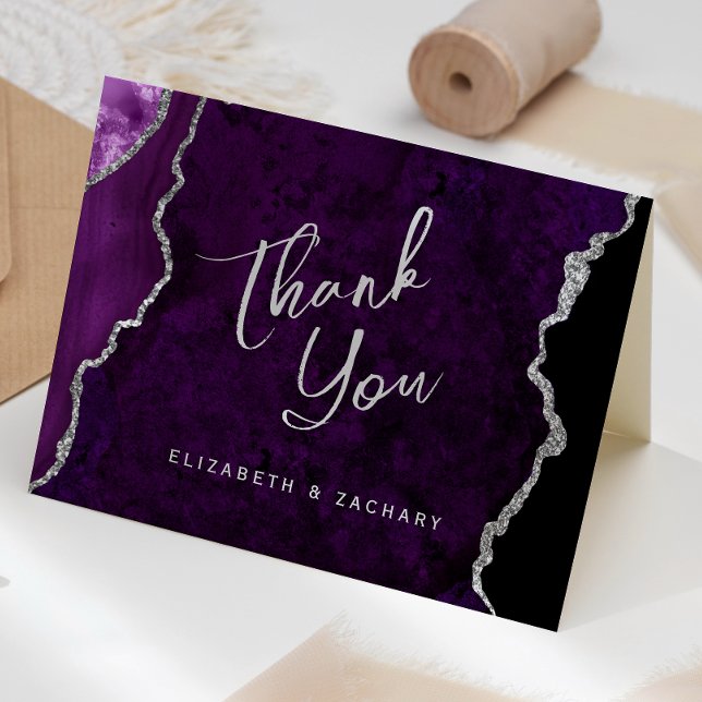Purple Silver Agate Script Wedding Thank You Card (Creator Uploaded)