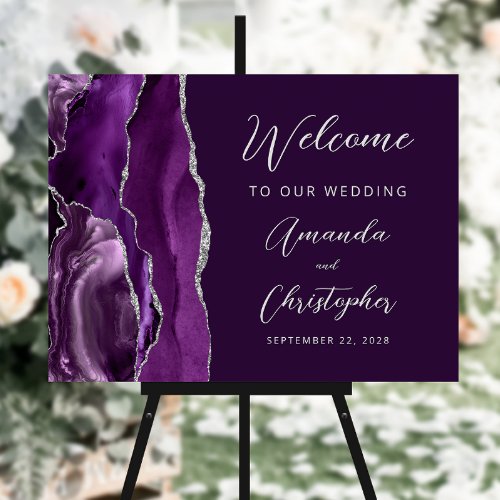 Purple Silver Agate Script Wedding Welcome Foam Board